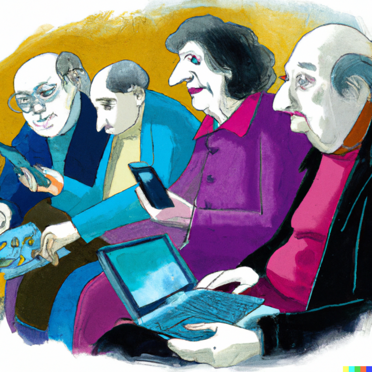 immagine di un gruppo di anziani che utilizzano dispositivi digitali, come smartphone, tablet e computer