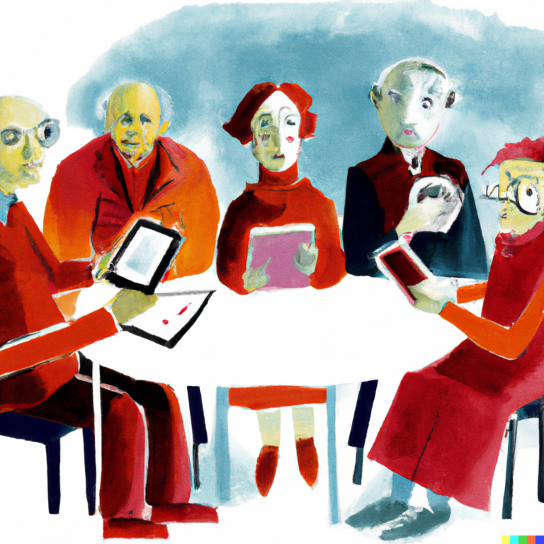 immagine di un gruppo di anziani che utilizzano dispositivi digitali, come smartphone, tablet e computer